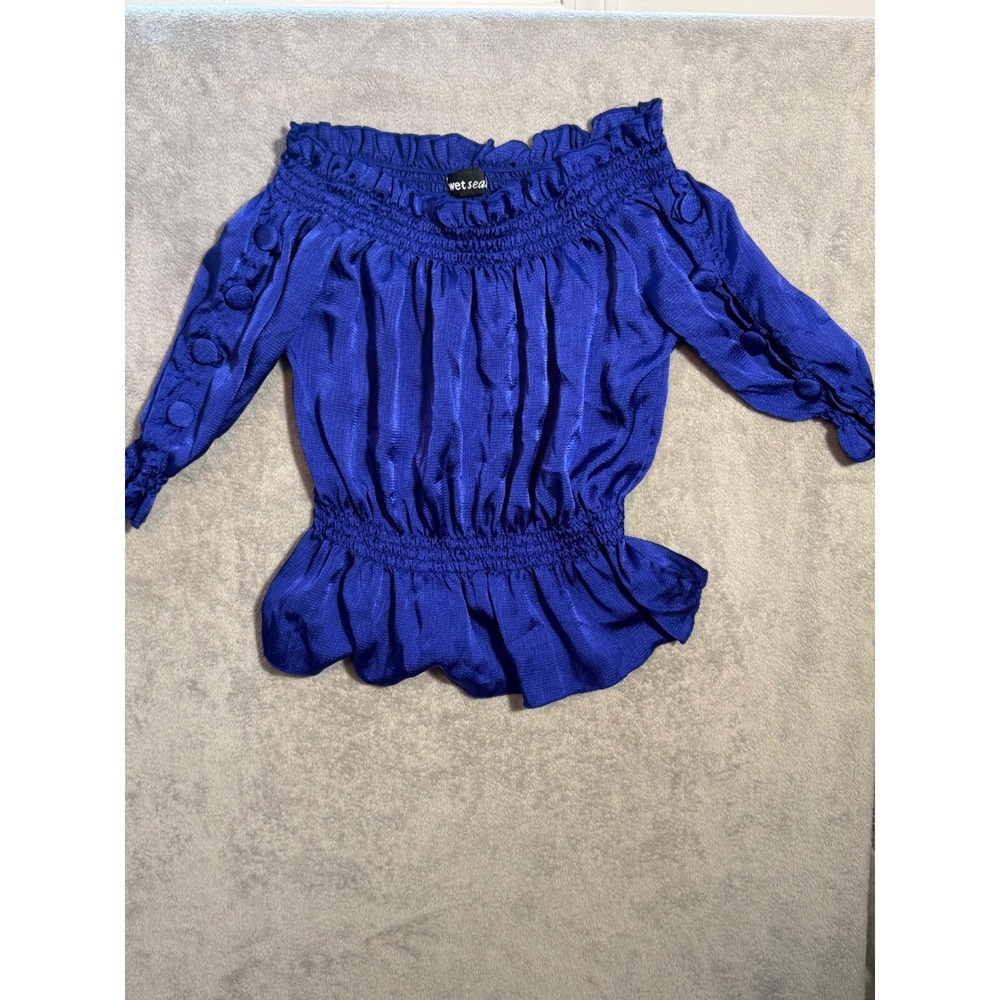 Women's Wet Seal Royal Blue Off Shoulder Smocked Satin Blouse Size S GWT2950
